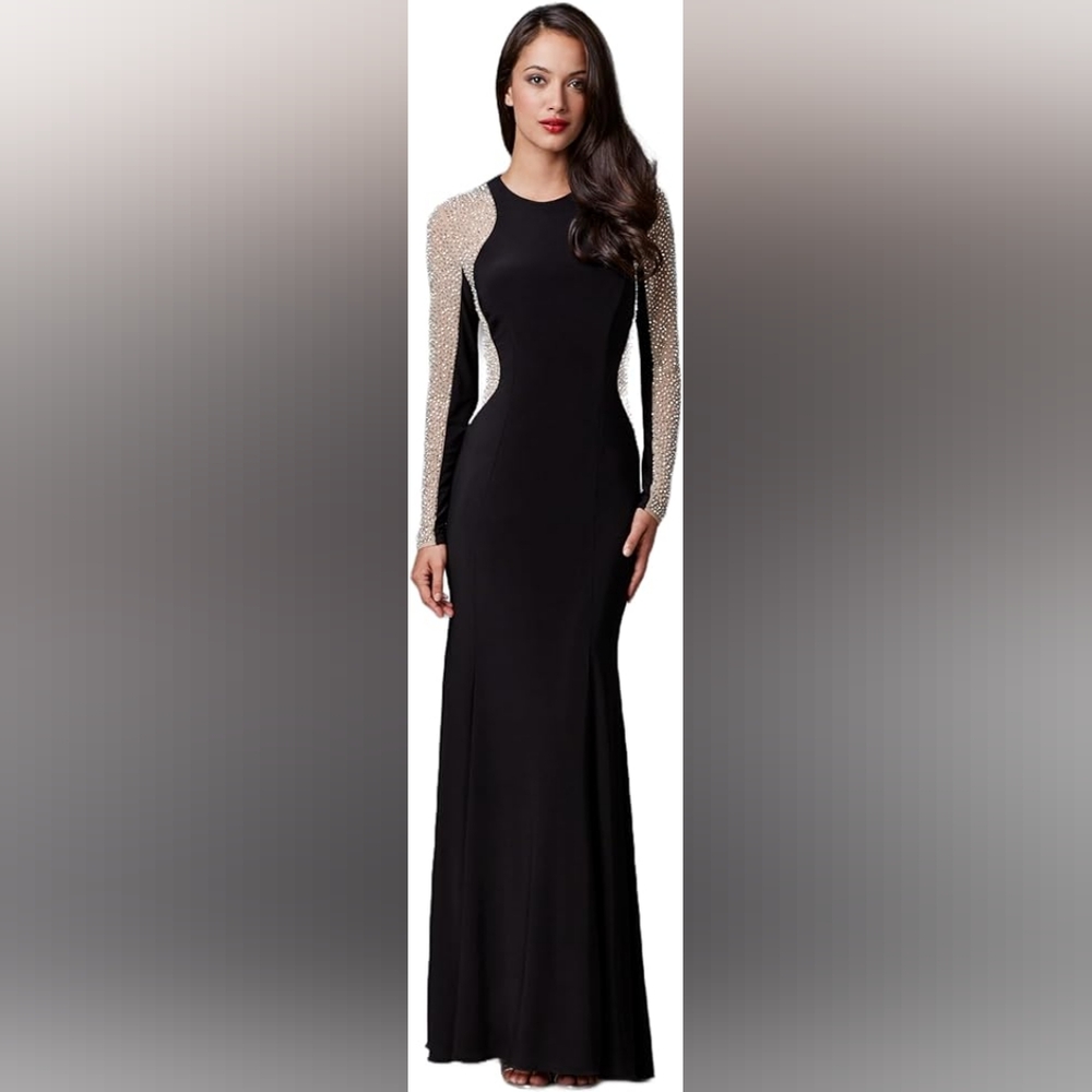 Xscape Women's Long Sleeve Beaded Contour Gown